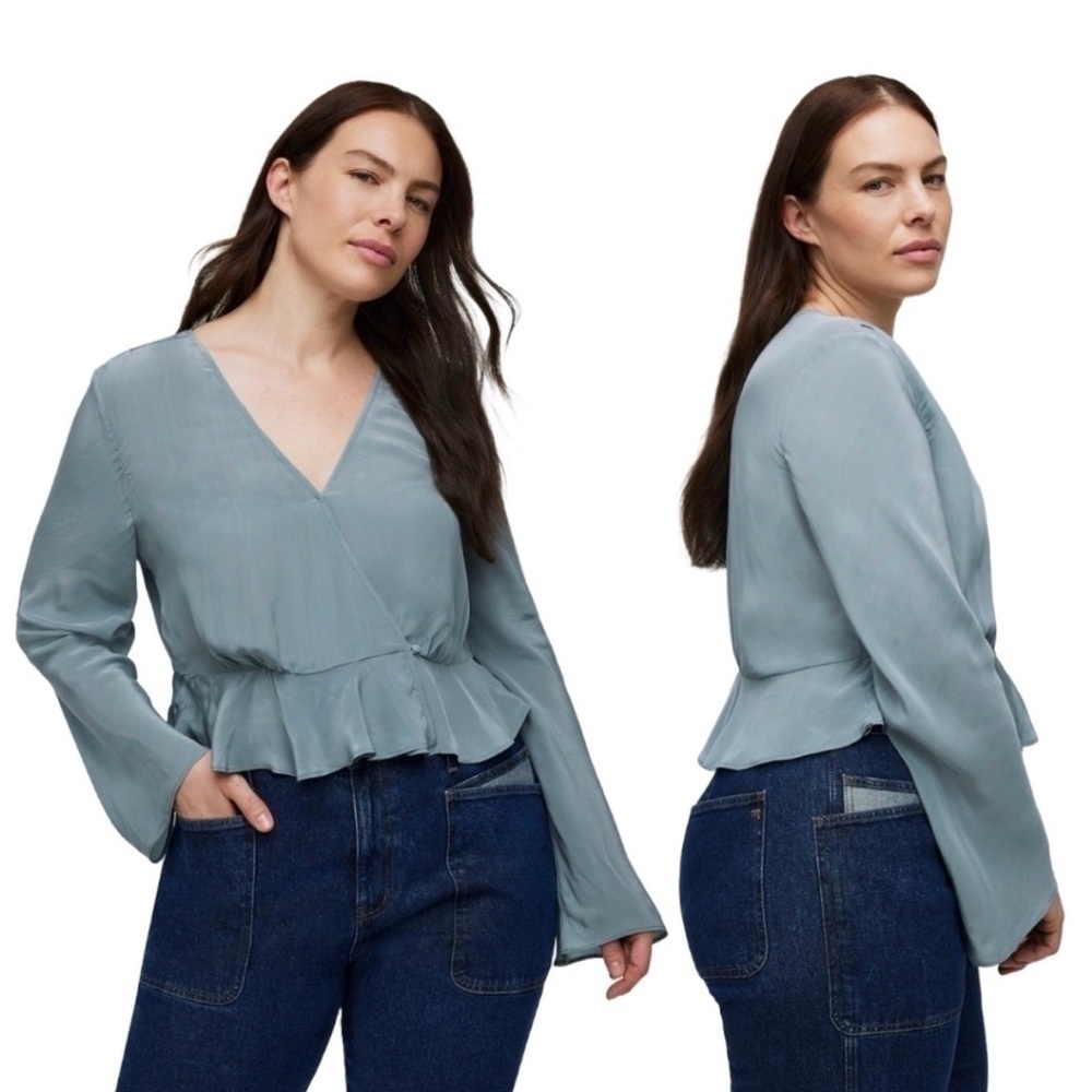 Madewell Satin Peplum Wrap Top in Dusty Blue size 10